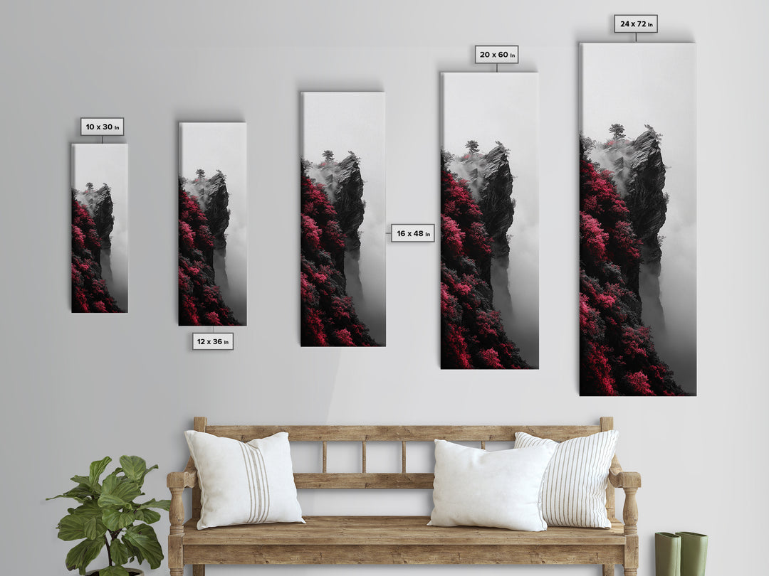 Misty Cliffs, Pink Blossoms, Zen Mountains, Dreamy Fog, Framed Canvas Print, boho wall art, meditation space, nature fantasy decor