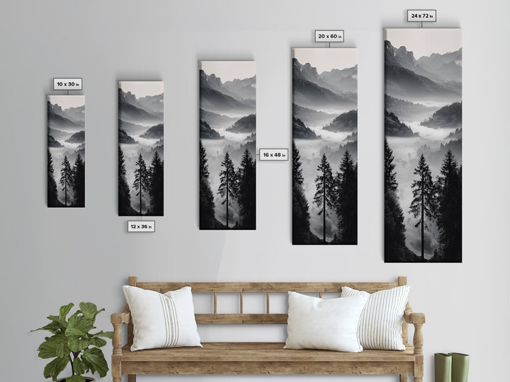 Foggy Mountains, Pine Forest, Valley Mist, Calm Landscape, Canvas Print, entryway wall art, cozy cabin vibes, grayscale art style