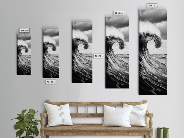 Ocean Wave, Monochrome Surf, Nature Power, Dramatic Sea, Framed Canvas Print, Coastal Wall Decor, Modern Bathroom Art, Minimalist Ocean Art