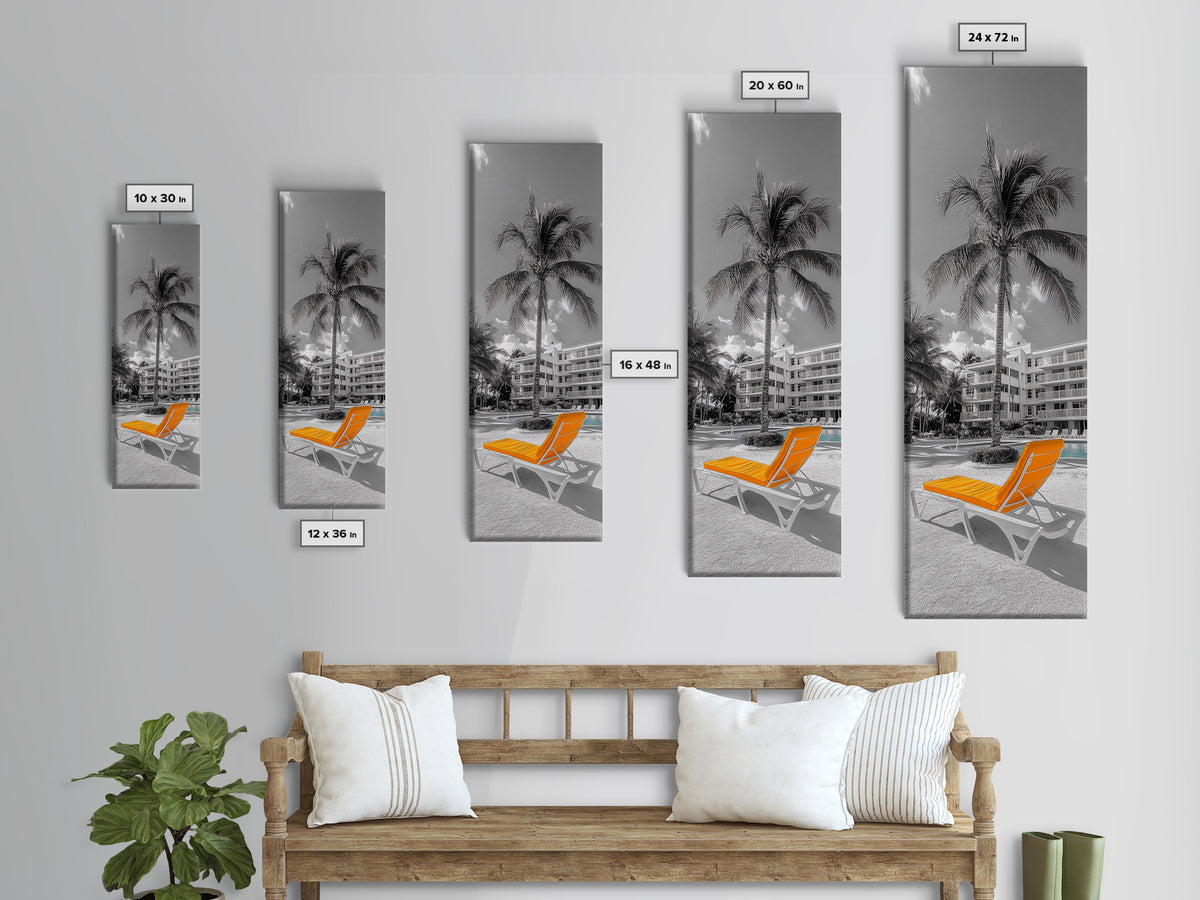 Poolside Palm, Tropical Escape, Resort Vibe, Orange Chair, Framed Canvas Print, Summer Wall Decor, Boho Art, Living Room Tropical Art