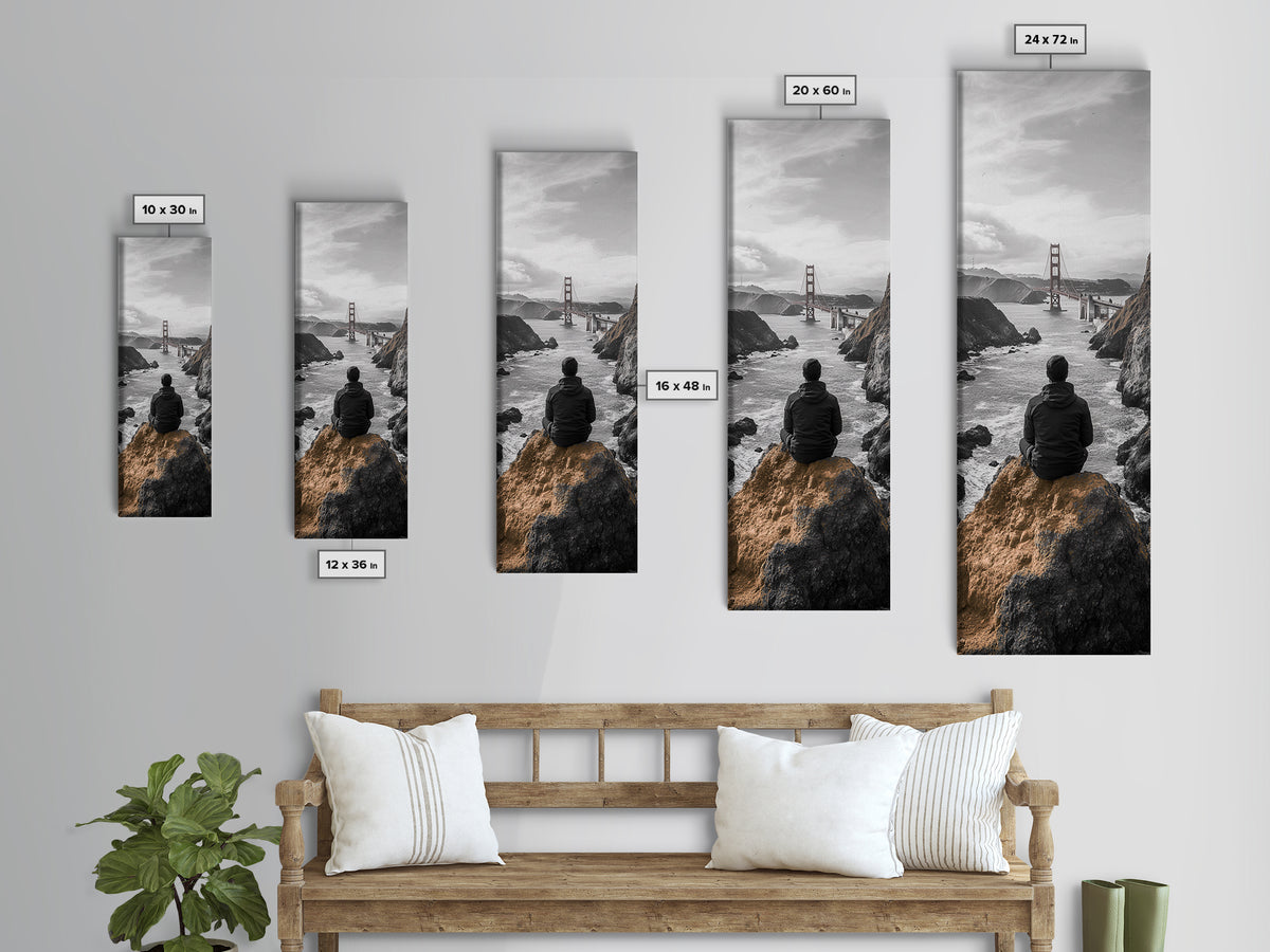 Golden Gate, Solitude View, Man on Cliff, Iconic Bridge, Framed Canvas Print, Travel Wall Art, Office Inspiration, Moody Coastal Decor