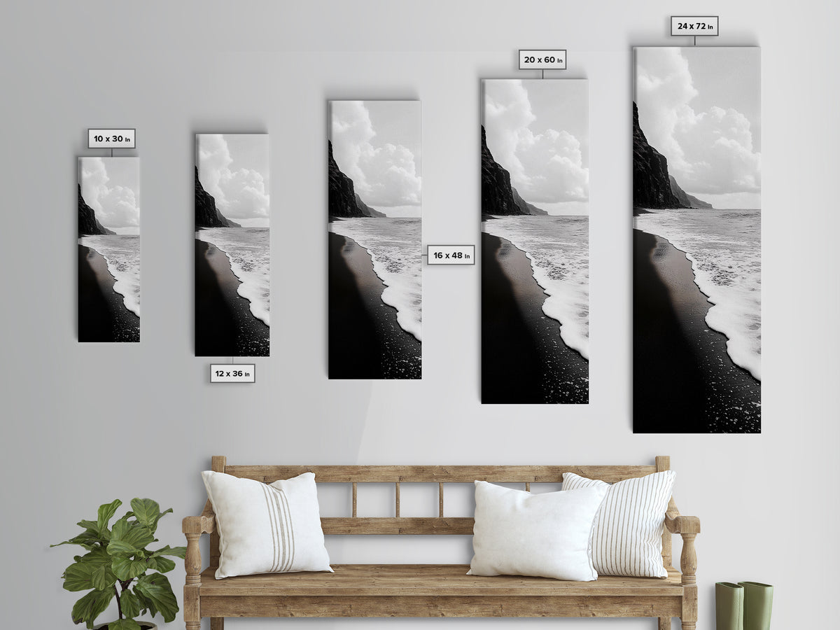 Black Sand, Ocean Foam, Rocky Shoreline, Coastal Serenity, Framed Canvas Print, Monochrome Wall Art, Bathroom Decor, Beach Minimalist