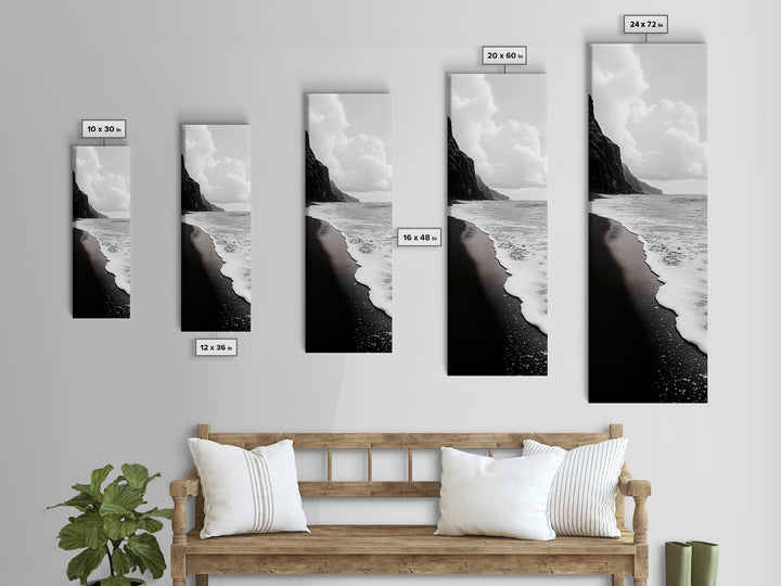 Black Sand, Ocean Foam, Rocky Shoreline, Coastal Serenity, Framed Canvas Print, Monochrome Wall Art, Bathroom Decor, Beach Minimalist