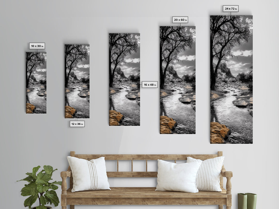 Desert Creek, Rocky Stream, Black and White Nature, Framed Canvas Print, Minimalist Southwest Art, Bedroom Decor, Monochrome Landscape