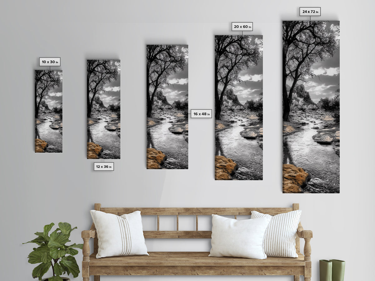 Desert Creek, Rocky Stream, Black and White Nature, Framed Canvas Print, Minimalist Southwest Art, Bedroom Decor, Monochrome Landscape