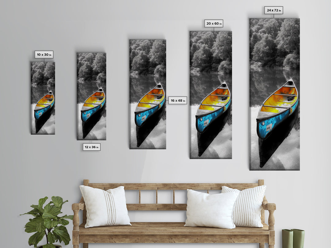 Blue and Yellow Canoe, Calm River Reflections, Rustic Boat Scene, Framed Canvas Print, Autumn Wall Art, Nature Inspired Decor