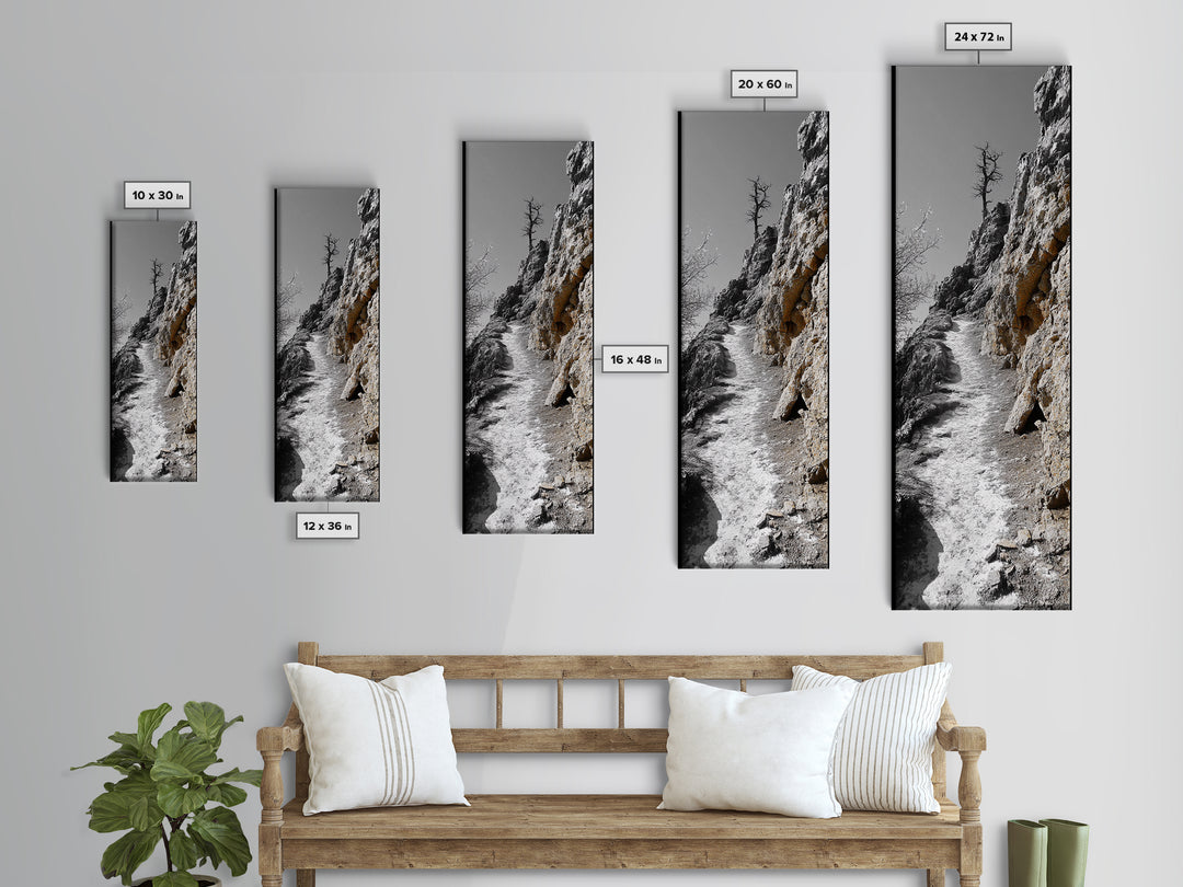 Cliff Pathway Art, Nature Trail Scene, Monochrome Rustic Landscape, Framed Canvas Print, Mountain Cabin Entryway Wall Decor