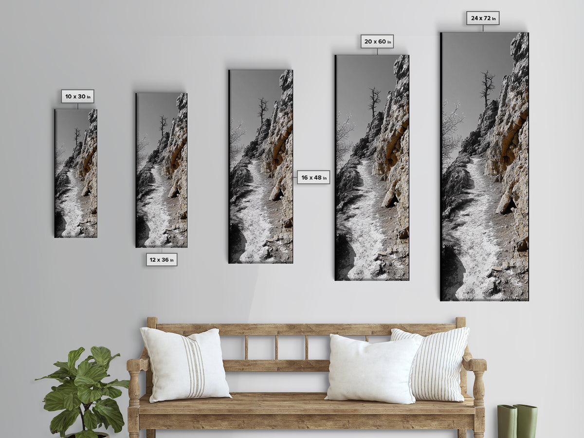 Cliff Pathway Art, Nature Trail Scene, Monochrome Rustic Landscape, Framed Canvas Print, Mountain Cabin Entryway Wall Decor
