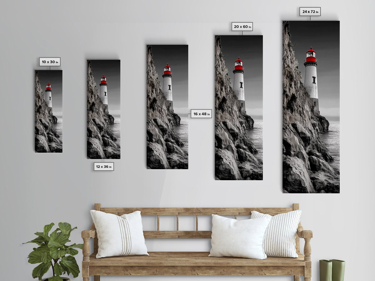 Red Lighthouse Art, Nautical Coastal Scene, Moody Seaside Decor, Framed Canvas Print, Ocean Wall Art, Bathroom or Office Accent