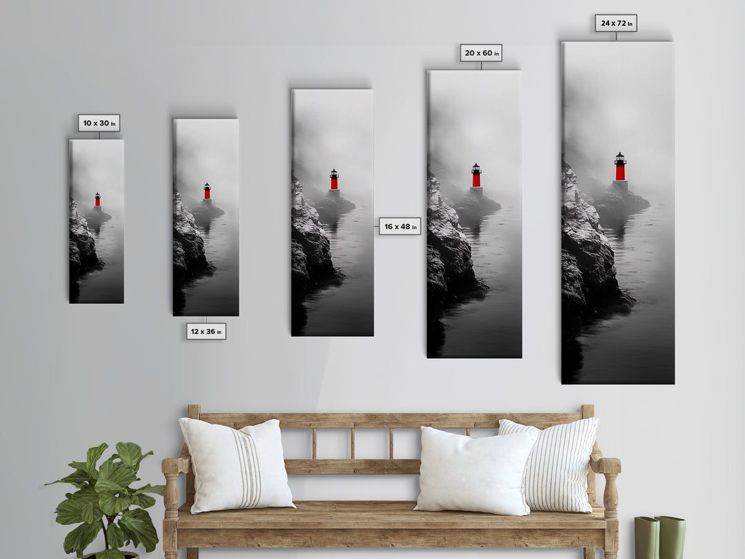 Misty Lighthouse View, Red Beacon Decor, Coastal Minimalist Art, Framed Canvas Print, Modern Seascape Living Room Wall Decor