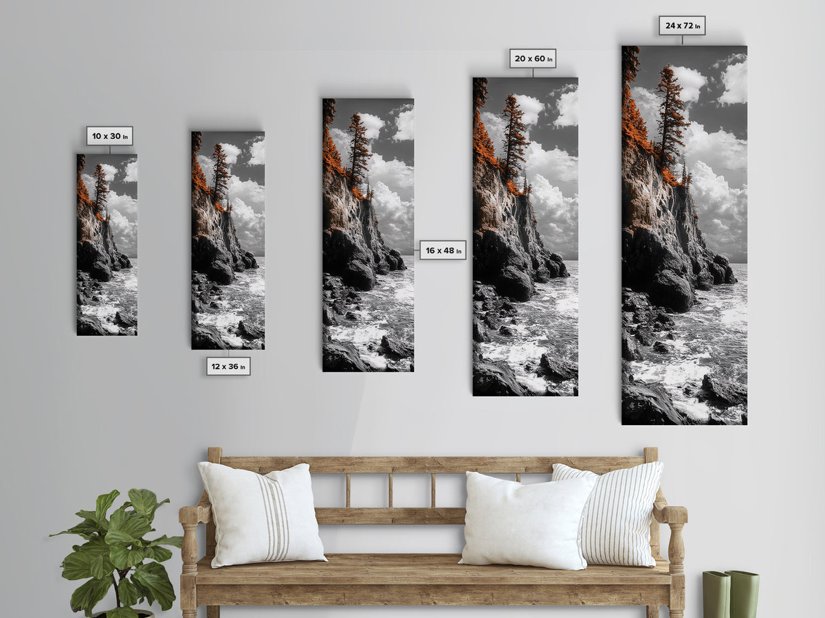 Autumn Cliff Scene, Bold Trees Coastal Wall Art, Fall Foliage Home Style, Framed Canvas Print, Seasonal Nature Living Room Decor