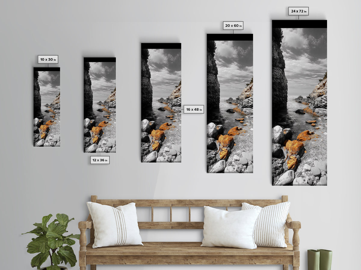 Golden Rocks, Ocean Cove, Tranquil Shoreline, Nature Wall Decor, Canvas Print, Modern Coastal Art, Bathroom or Hallway Wall Art, Neutral Tones