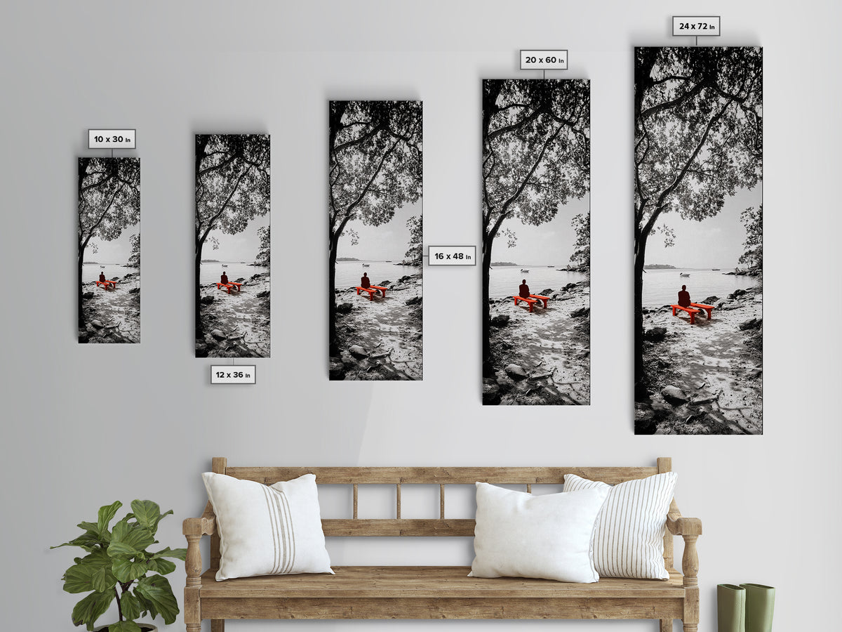 Lonely Figure, Red Bench, Reflective Scene, Peaceful Beach Wall Art, Framed Canvas Print, Black and White Photography, Zen Room Decor