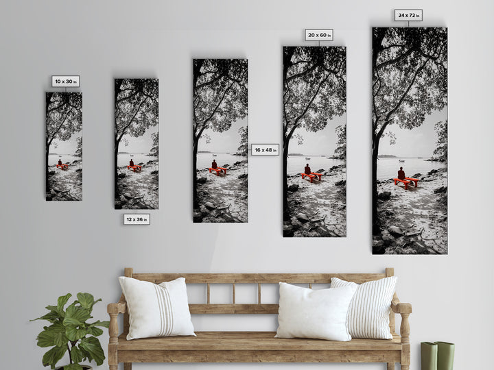 Lonely Figure, Red Bench, Reflective Scene, Peaceful Beach Wall Art, Framed Canvas Print, Black and White Photography, Zen Room Decor