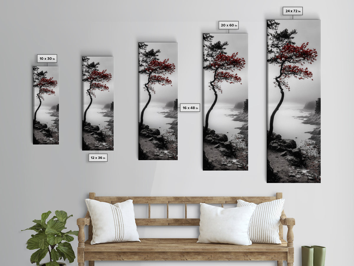 Curved Tree, Foggy Coastline, Red Leaves, Moody Nature Canvas Print, Autumn Landscape, Bedroom Wall Art, Minimalist Earthy Decor