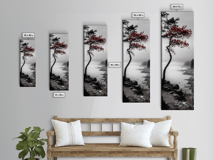 Curved Tree, Foggy Coastline, Red Leaves, Moody Nature Canvas Print, Autumn Landscape, Bedroom Wall Art, Minimalist Earthy Decor