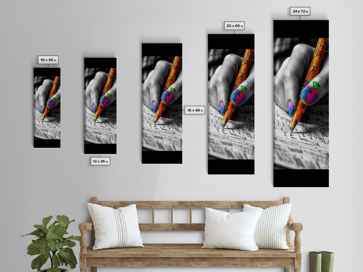 Vibrant Nails, Artistic Pen, Writing Closeup, Framed Canvas Print, Bold Office Wall Art, Pop Art Style, Creative Studio Decor