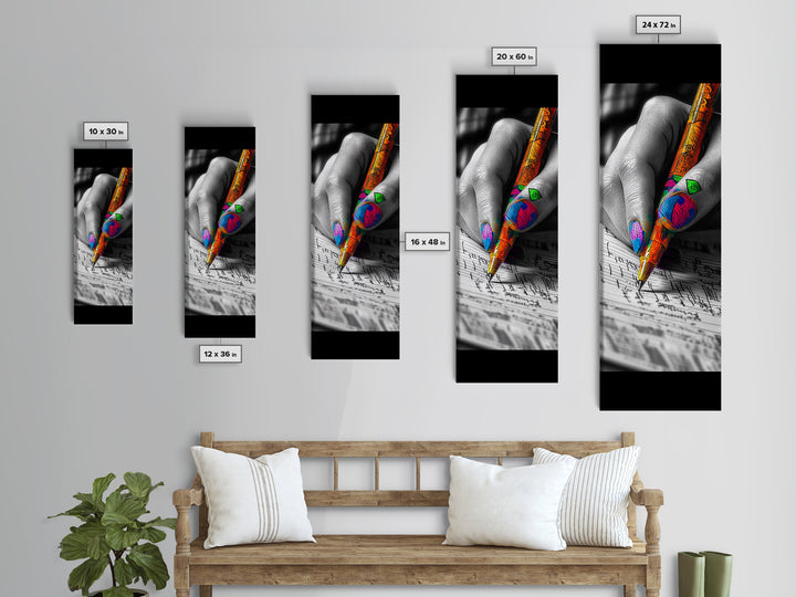 Vibrant Nails, Artistic Pen, Writing Closeup, Framed Canvas Print, Bold Office Wall Art, Pop Art Style, Creative Studio Decor
