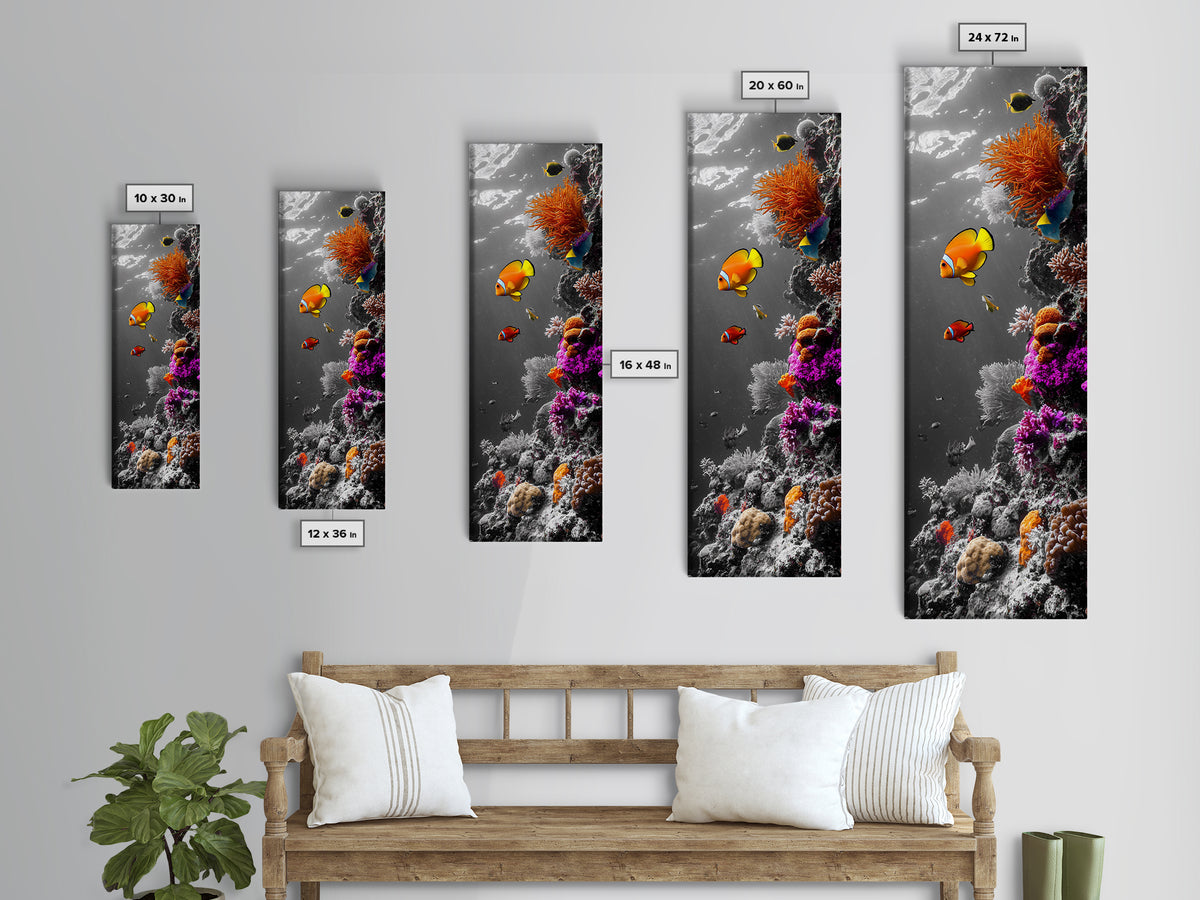 Clownfish Reef, Underwater Scene, Ocean Wall Decor, Coral Reef, Tropical Fish, Framed Canvas Print, Vibrant Bathroom Wall Art