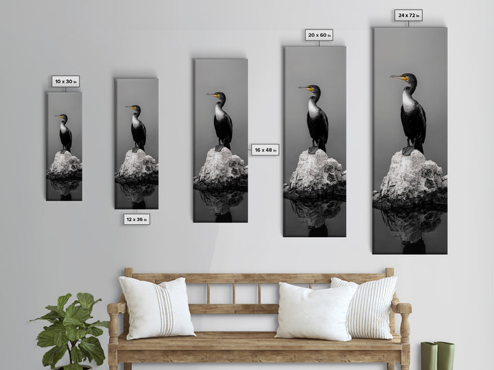 Cormorant Bird, Coastal Bird Art, Water Bird, Minimal Nature Art, Black and White Wildlife, Framed Canvas Print, Modern Entryway Wall Art