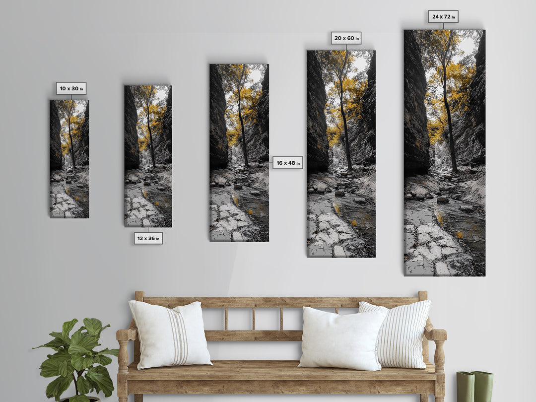 Autumn Gorge, Fall Stream, Yellow Trees, Nature Canyon Trail, Framed Canvas Print, Rustic Hallway Decor, Cozy Autumn Living Room Art