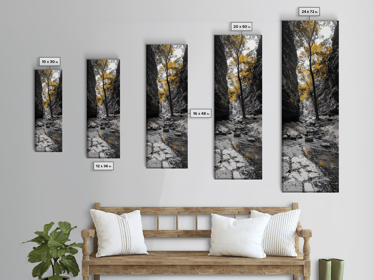 Autumn Gorge, Fall Stream, Yellow Trees, Nature Canyon Trail, Framed Canvas Print, Rustic Hallway Decor, Cozy Autumn Living Room Art