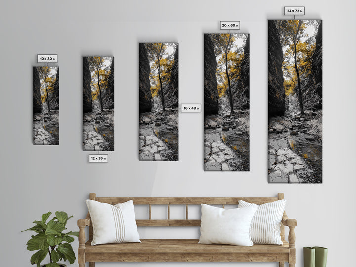 Autumn Gorge, Fall Stream, Yellow Trees, Nature Canyon Trail, Framed Canvas Print, Rustic Hallway Decor, Cozy Autumn Living Room Art