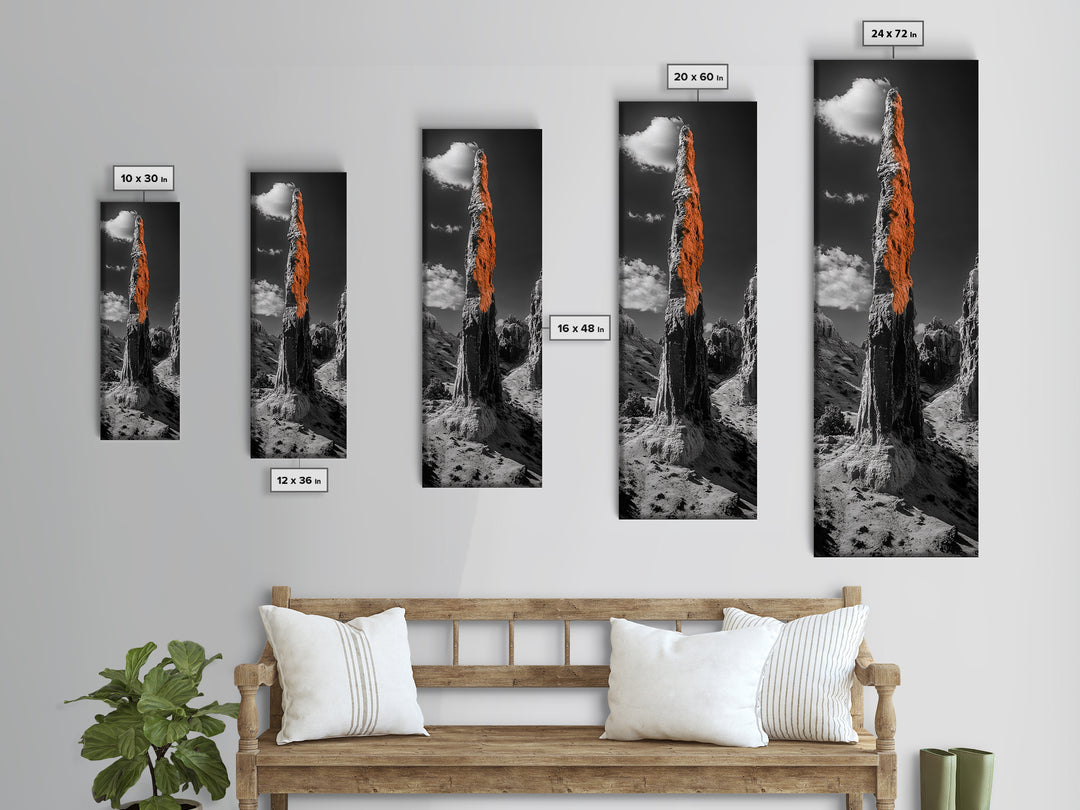 Orange Spire, Desert Rock, Natural Monument, High Contrast Landscape, Framed Canvas Print, Rustic Office Wall Art, Fall Desert Decor