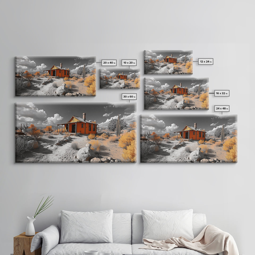 Desert Cabin, Rustic Southwest, Boho Landscape, Autumn Decor, Framed Canvas Print, Living Room Wall Art, Warm Earth Tones, Western Vibes