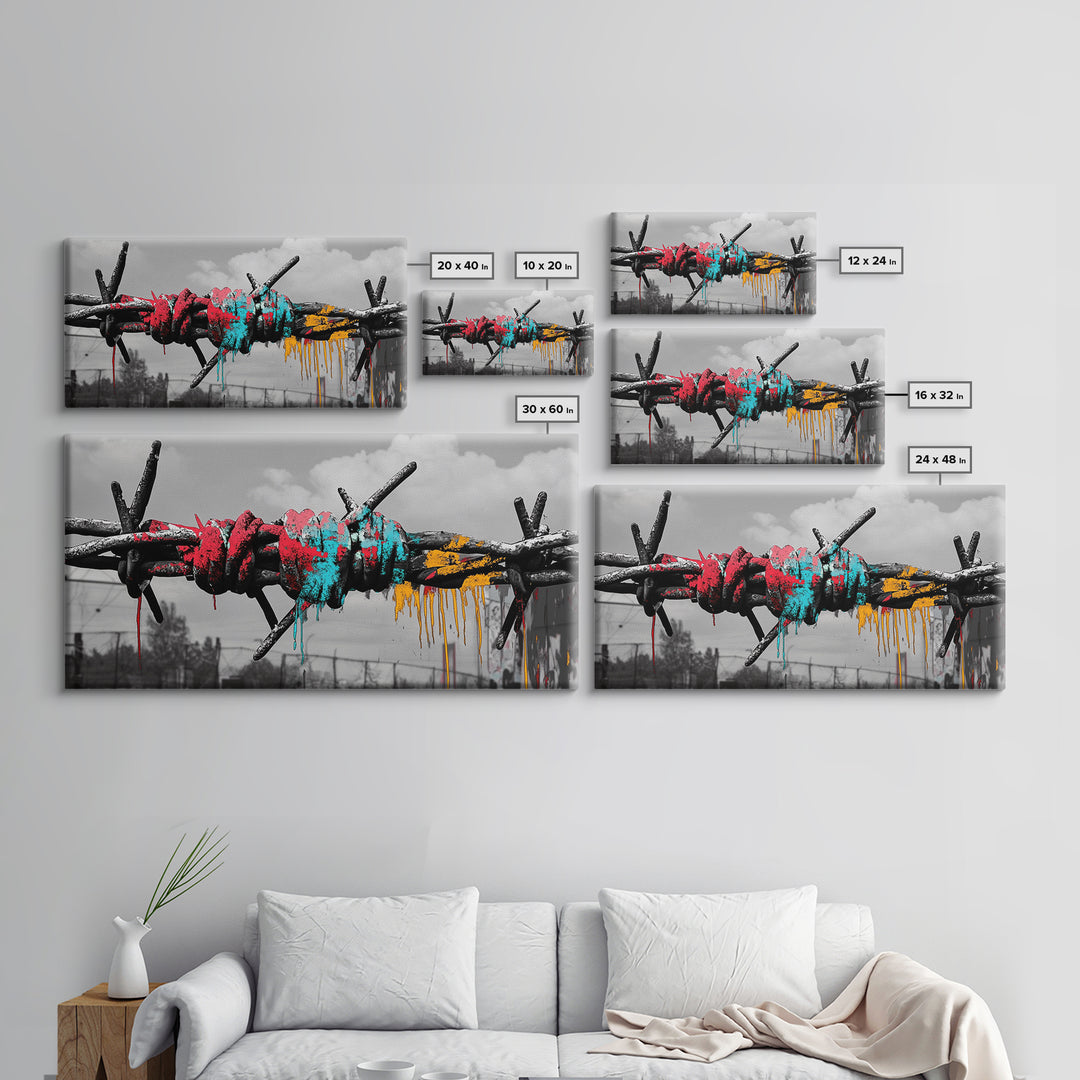 Barbed Wire, Graffiti Art, Urban Street Style, Grunge Decor, Framed Canvas Print, Industrial Wall Art, Dripping Paint, Mixed Media Style