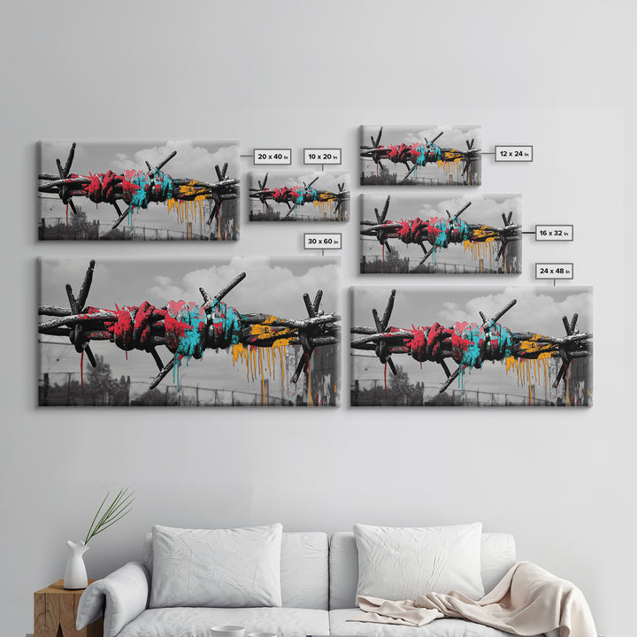 Barbed Wire, Graffiti Art, Urban Street Style, Grunge Decor, Framed Canvas Print, Industrial Wall Art, Dripping Paint, Mixed Media Style