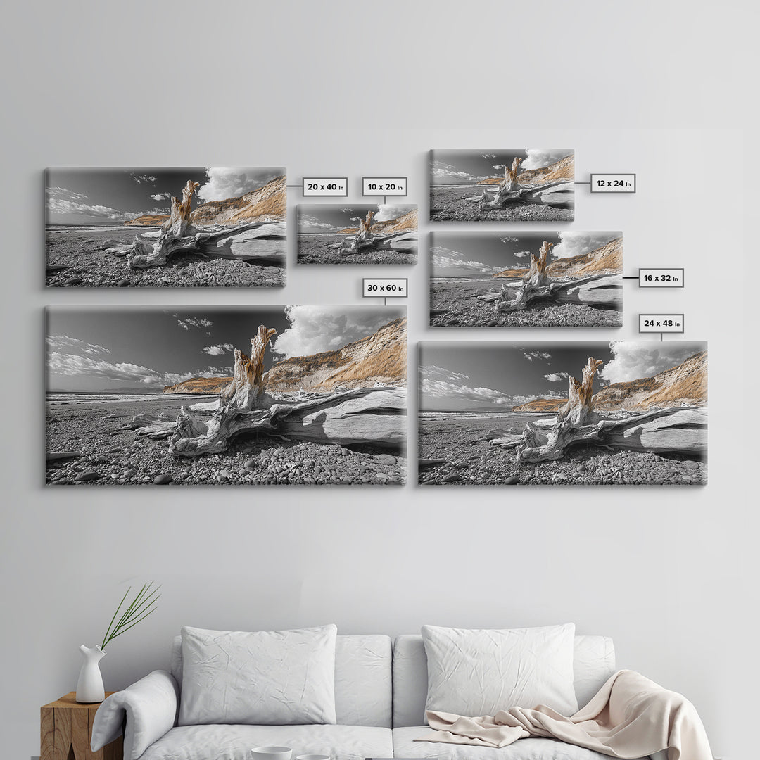 Coastal Driftwood, Beach Scene, Natural Texture, Modern Rustic, Framed Canvas Print, Neutral Tones, Office Wall Art, Coastal Vibe Decor