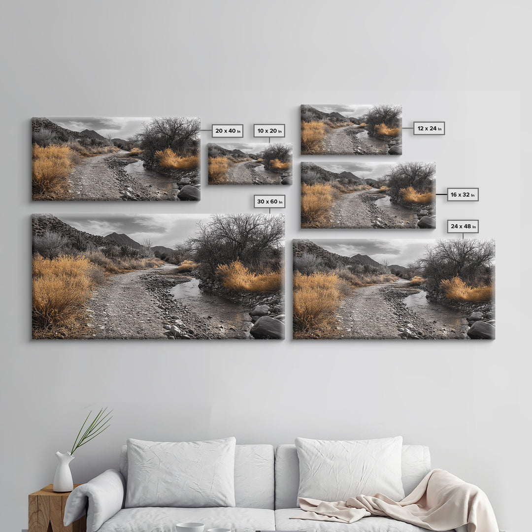 Autumn Path, Golden Bushes, Seasonal Stream, Fall Foliage, Framed Canvas Print, Cozy Entryway Decor, Rustic Wall Art, Nature Inspired