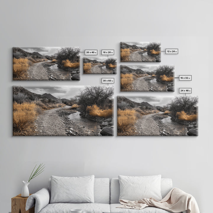 Autumn Path, Golden Bushes, Seasonal Stream, Fall Foliage, Framed Canvas Print, Cozy Entryway Decor, Rustic Wall Art, Nature Inspired