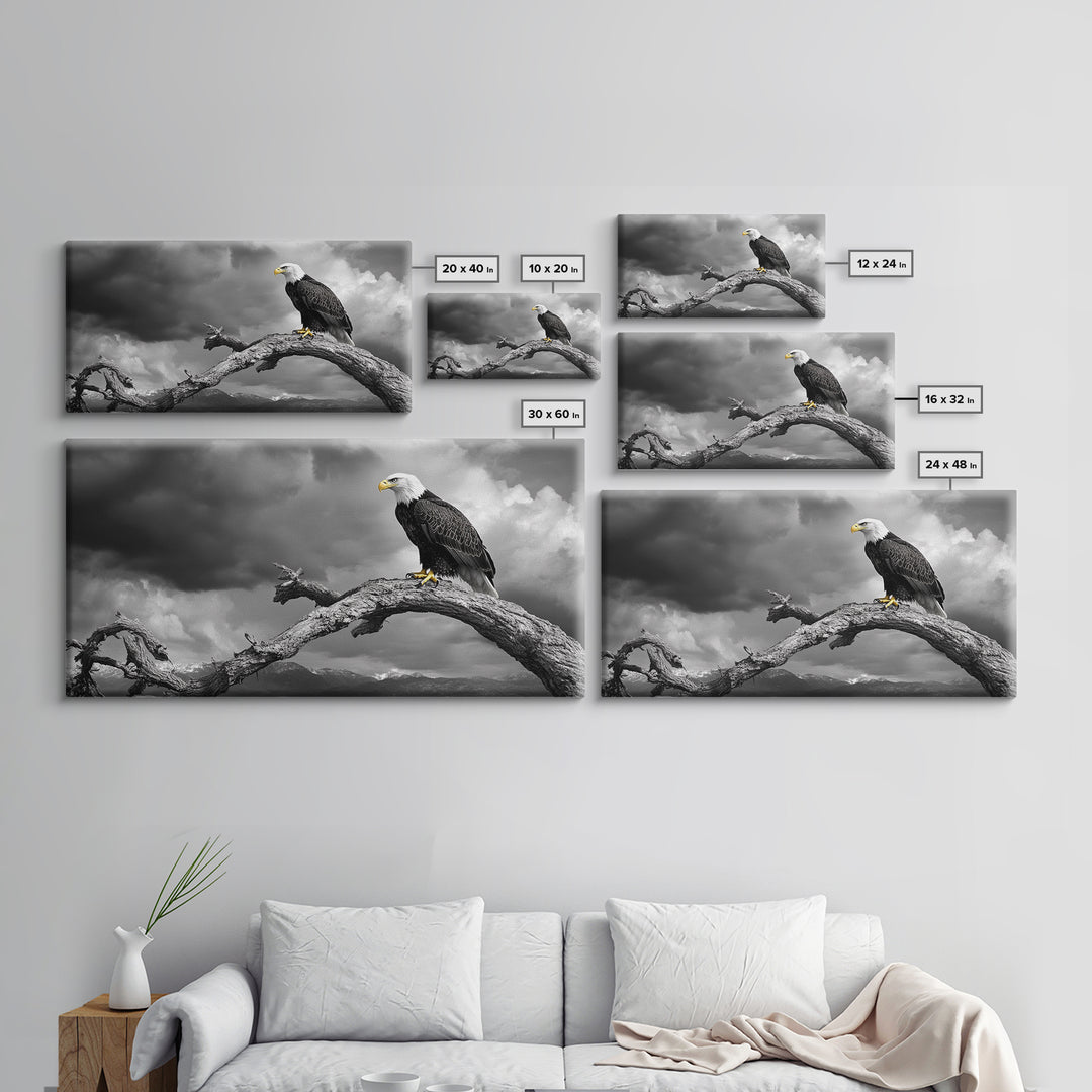 Eagle, Branch, Storm, Power and grace collide in this Framed Canvas Print of a majestic eagle perched before a storm, Living Room Wall Art
