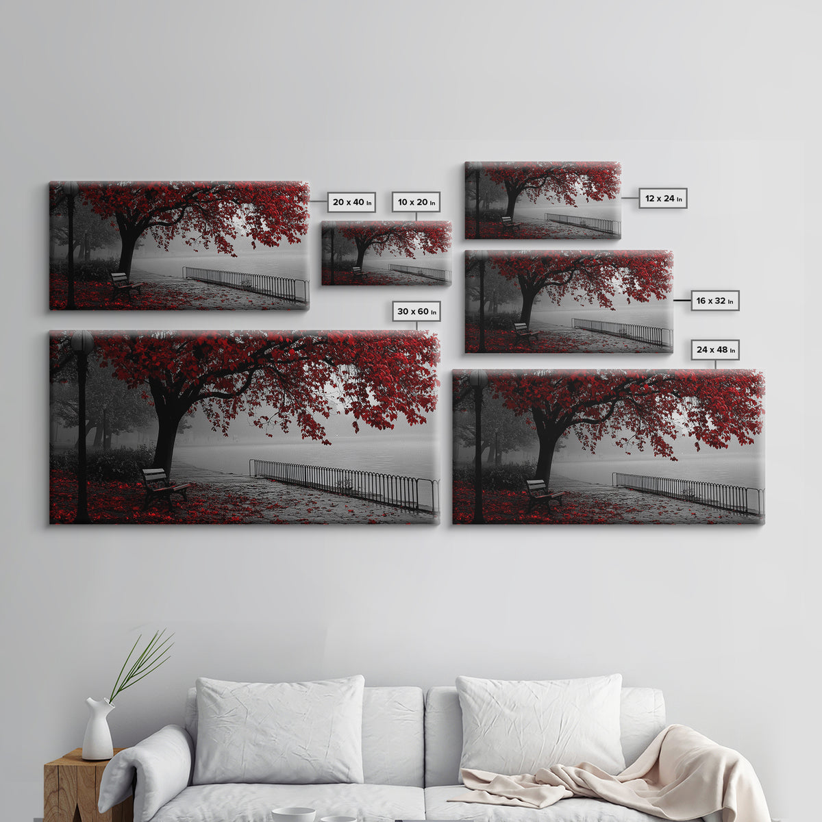 Autumn Bench, Leaves, Foggy park serenity meets bold red leaves in this Framed Canvas Print, ideal Autumn Bedroom Wall Art, Entryway Decor