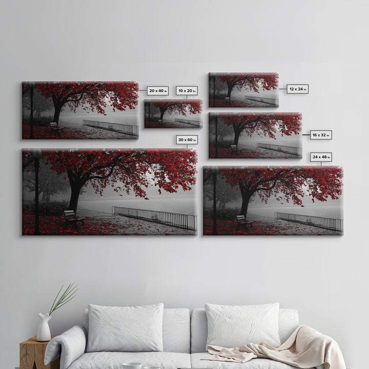 Autumn Bench, Leaves, Foggy park serenity meets bold red leaves in this Framed Canvas Print, ideal Autumn Bedroom Wall Art, Entryway Decor