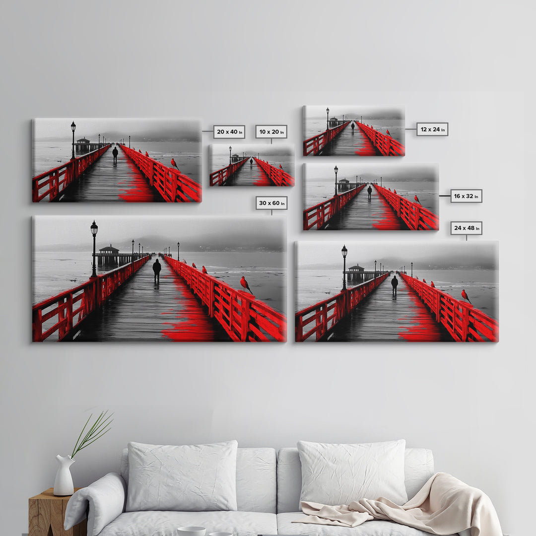 Pier, Red Railings, Fog, Lonely walk down a vivid red pier into the mist in this Framed Canvas Print, Coastal Decor, Minimalist Wall Art