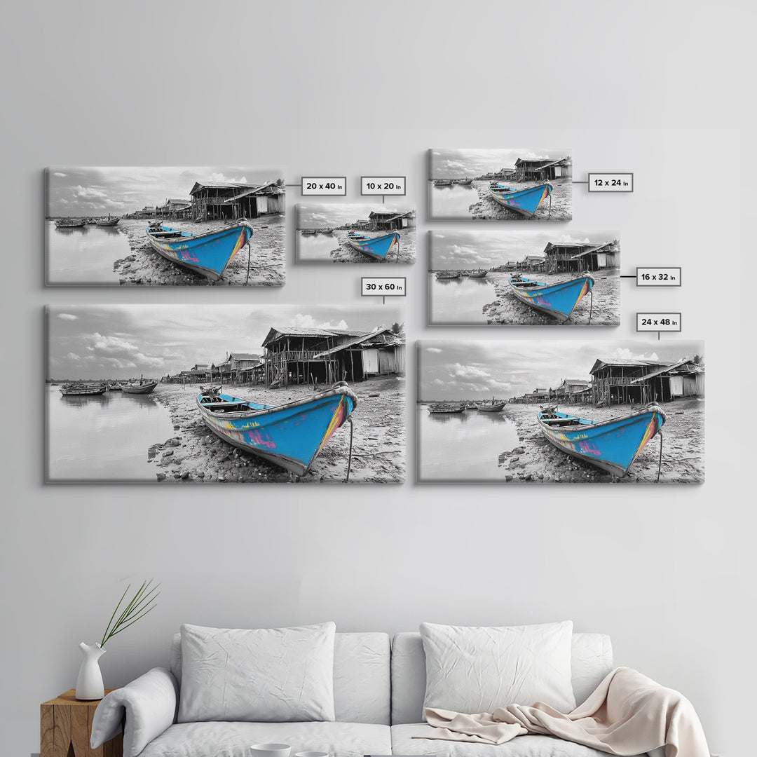 Blue Boat, Shore Village, Coastal Charm, Framed Canvas Print, Rustic Fishing Art, Seaside Home Decor, Nautical Style, Ocean Wall Art