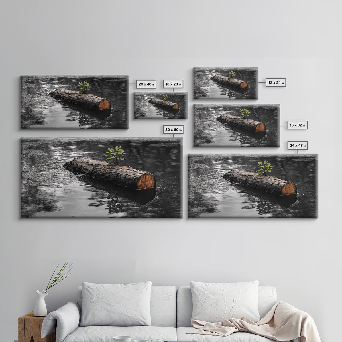 Nature Log, Life Grows, Floating Tree, Framed Canvas Print, Minimalist Growth Art, Nature Symbolism, Office Inspiration, Calm Wall Art