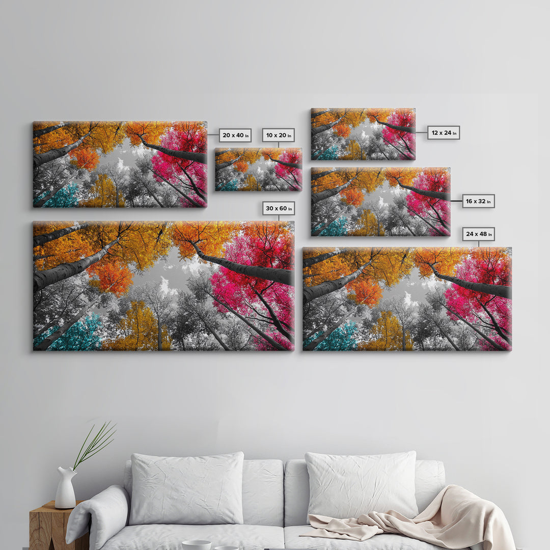 Autumn Trees, Colorful Forest, Fall Foliage, Looking Up, Framed Canvas Print, Vibrant Nature, Living Room Wall Art, Boho Style