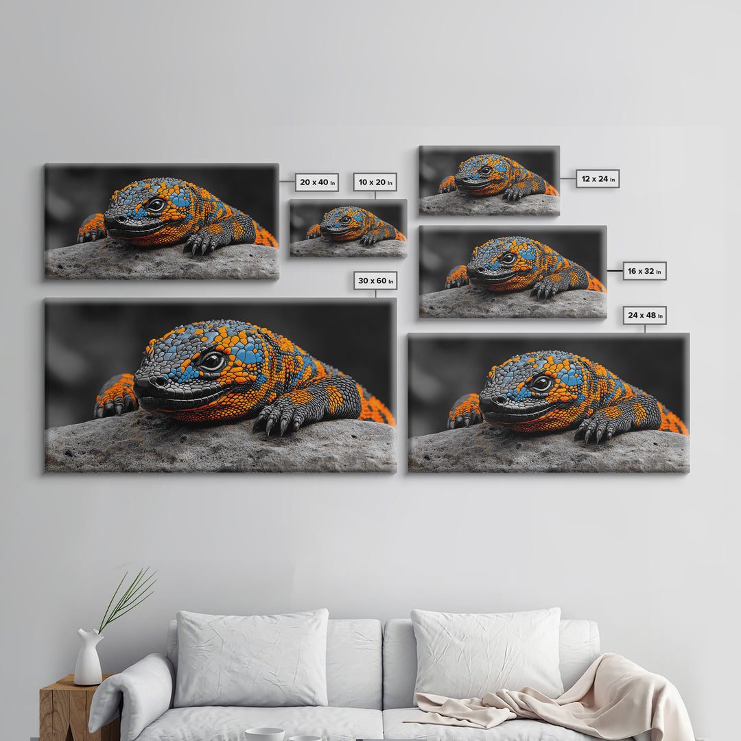 Colorful Lizard, Wildlife Closeup, Exotic Creature, Nature Bold, Framed Canvas Print, Reptile Lover Gift, Office Wall Art, Vibrant Wildlife Art