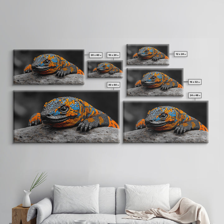 Colorful Lizard, Wildlife Closeup, Exotic Creature, Nature Bold, Framed Canvas Print, Reptile Lover Gift, Office Wall Art, Vibrant Wildlife Art