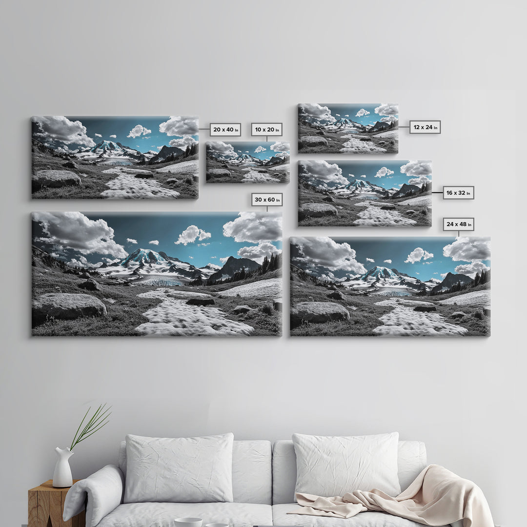 Blue Sky, Glacial Mountain, Winter Landscape, Nature Scene, Framed Canvas Print, Cabin Wall Art, Snowy Hiking Trail, Minimalist Nature Art
