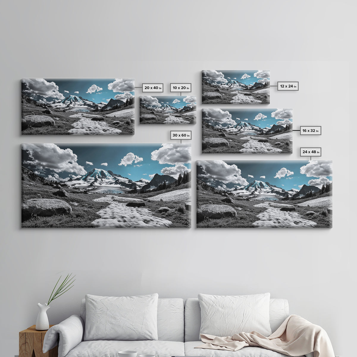 Blue Sky, Glacial Mountain, Winter Landscape, Nature Scene, Framed Canvas Print, Cabin Wall Art, Snowy Hiking Trail, Minimalist Nature Art