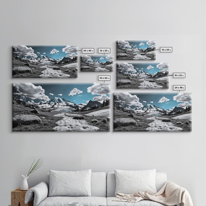 Blue Sky, Glacial Mountain, Winter Landscape, Nature Scene, Framed Canvas Print, Cabin Wall Art, Snowy Hiking Trail, Minimalist Nature Art