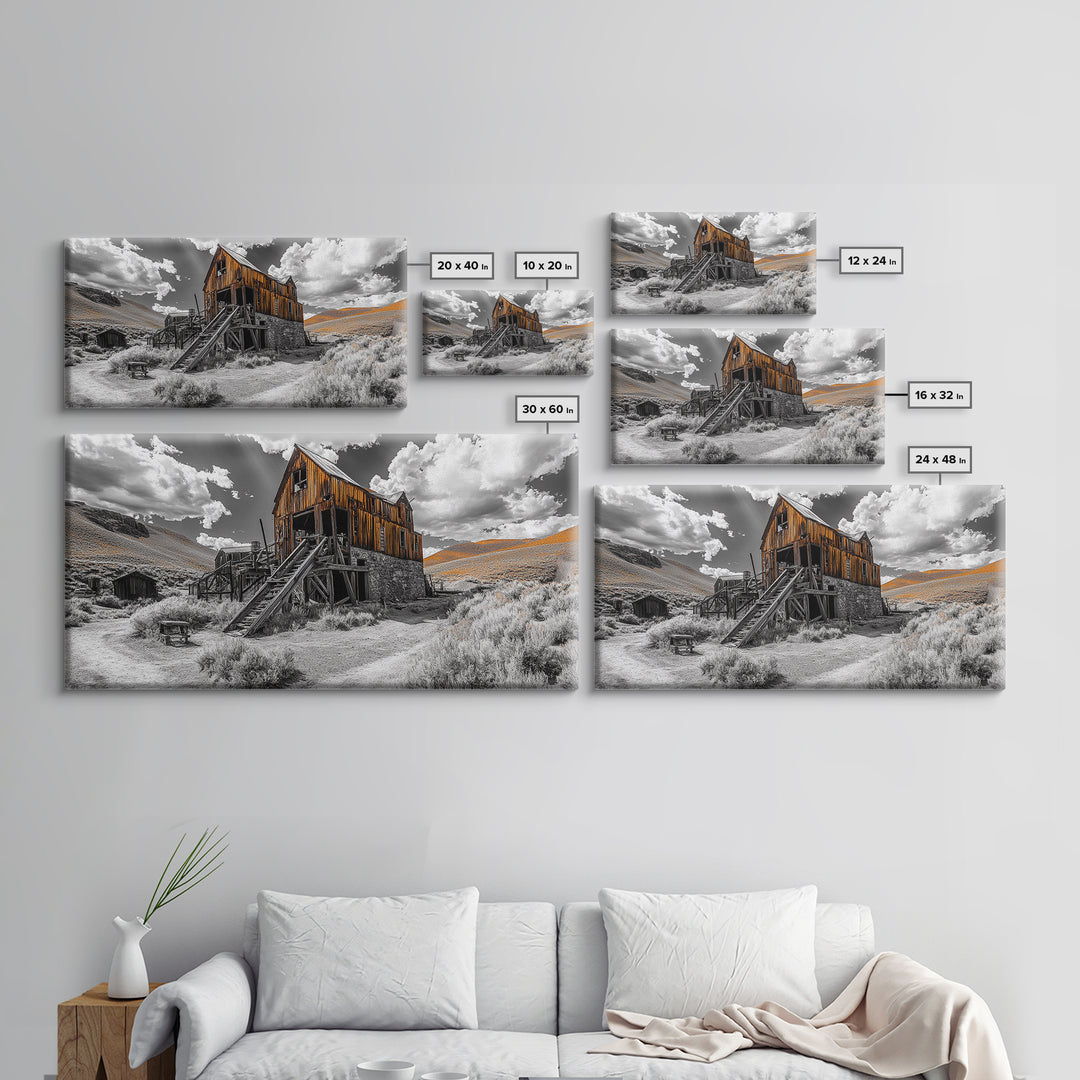 Desert Barn, Rustic Landscape, Western Vibes, Autumn Glow, Framed Canvas Print, Farmhouse Wall Art, Abandoned Homestead Photography