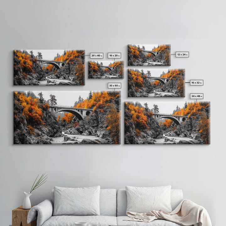 Autumn Bridge, River Gorge, Rustic Nature, Fall Trees, Framed Canvas Print, Cabin Wall Art, Seasonal Decor, Scenic Travel Landscape