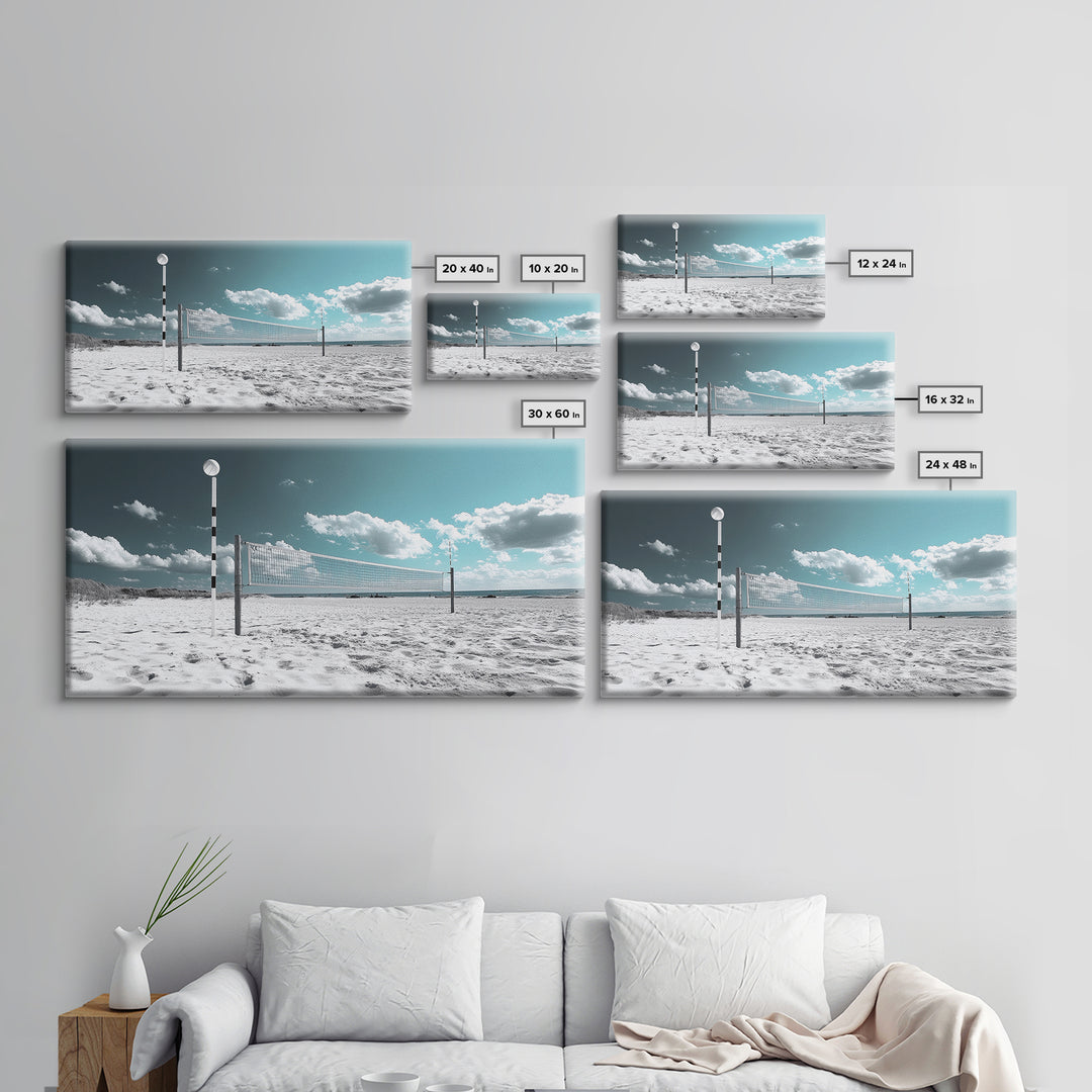 Beach Volleyball, Summer Sport, Minimalist Beach Scene, Sky Art, Framed Canvas Print, Game Room Wall Art, Coastal Modern Decor