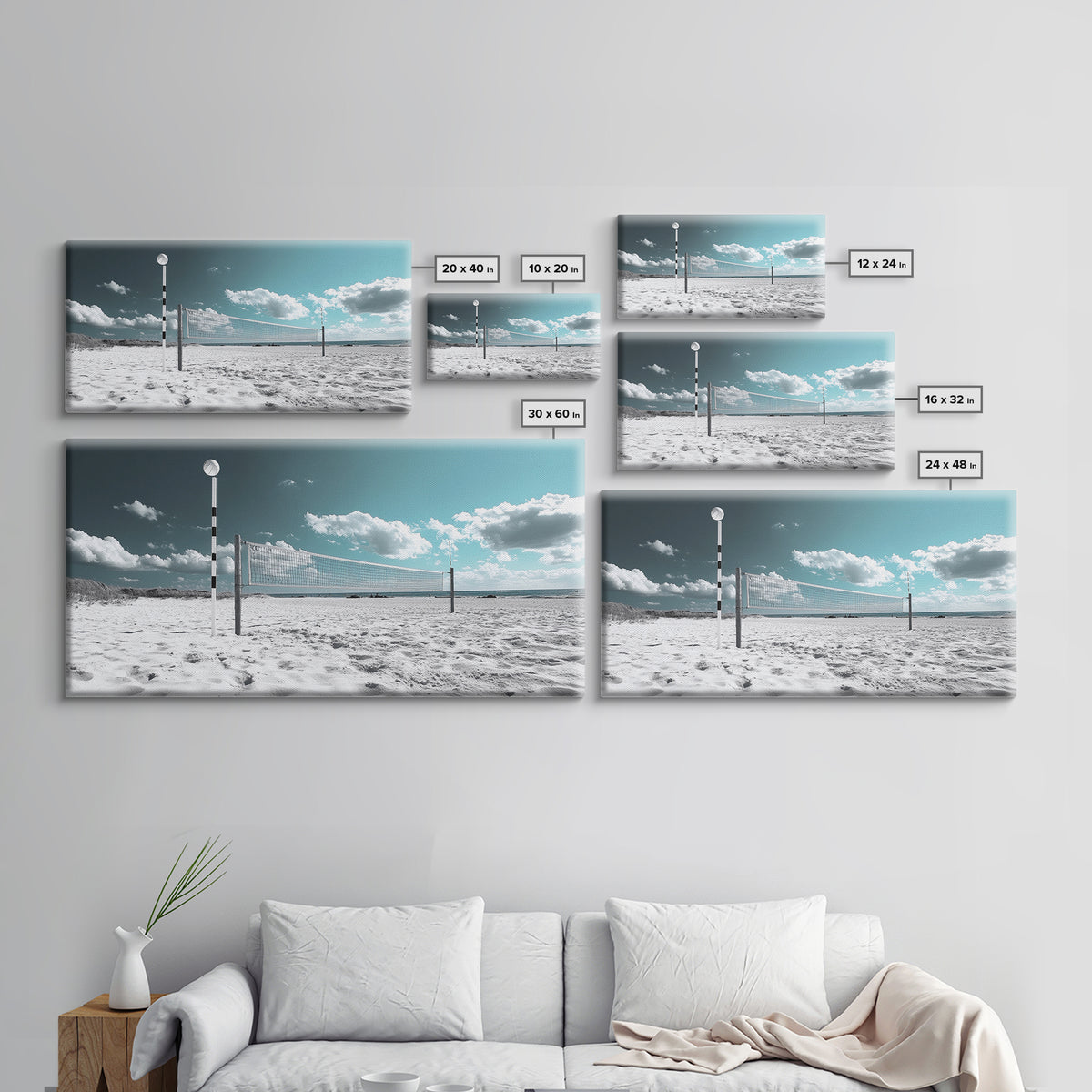 Beach Volleyball, Summer Sport, Minimalist Beach Scene, Sky Art, Framed Canvas Print, Game Room Wall Art, Coastal Modern Decor